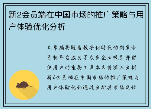 新2会员端在中国市场的推广策略与用户体验优化分析